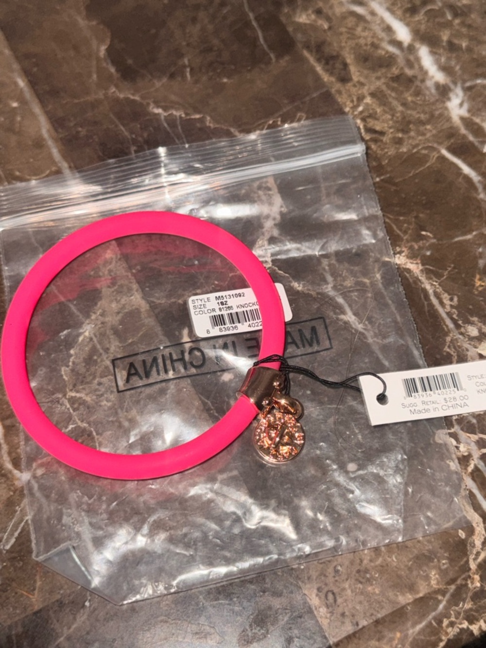 Marc by Marc Jacobs Knockout Pink Silicone Stretch Bracelet with Gold Charm NWT